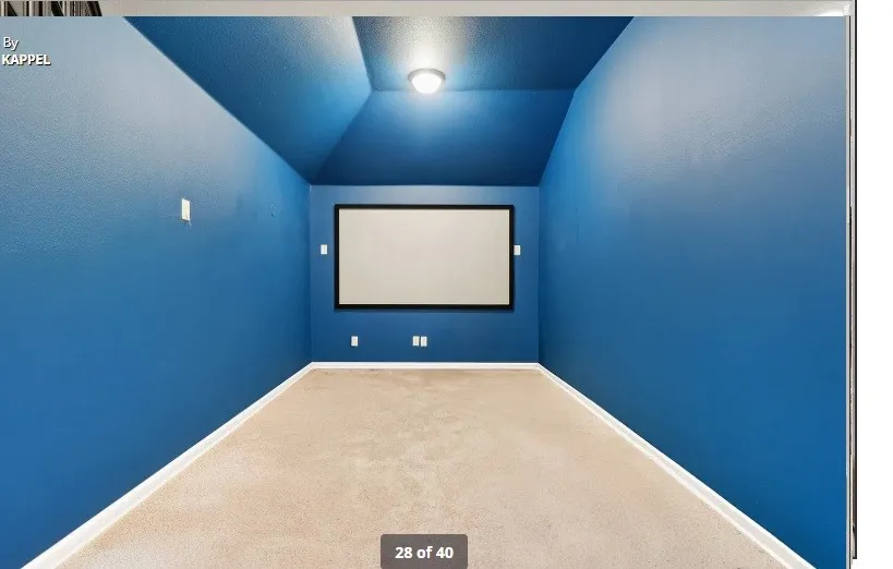 Dedicated media room featuring a large projection screen, recessed ceiling light, and carpet flooring