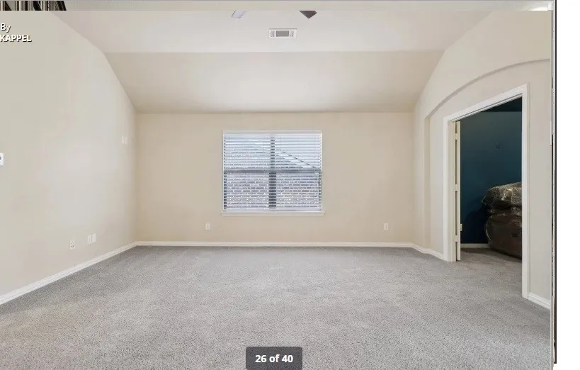 Expansive room featuring light gray carpeting, neutral-toned walls, and an arched doorway