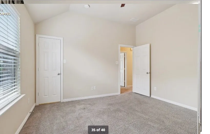 Vaulted ceiling, neutral wall tones, window with horizontal blinds, paneled interior doors, and grey carpeting
