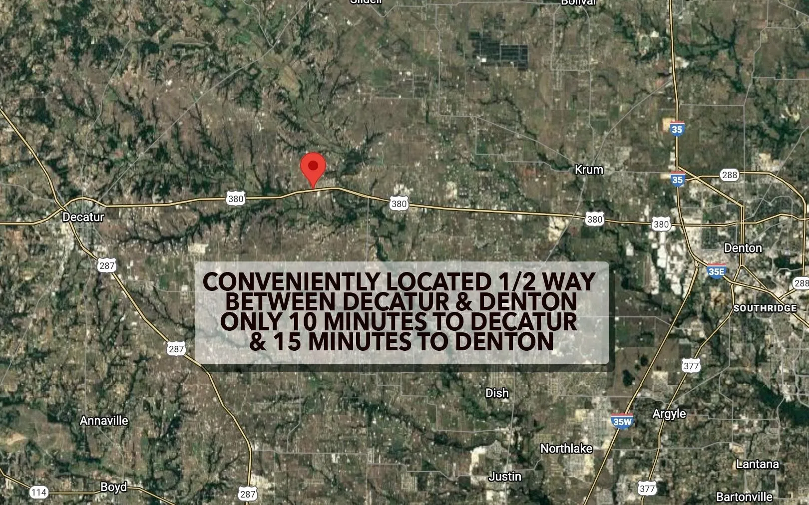 Aerial Map. Illustrating the property's geographic placement relative to Decatur and Denton, with estimated travel times to each location