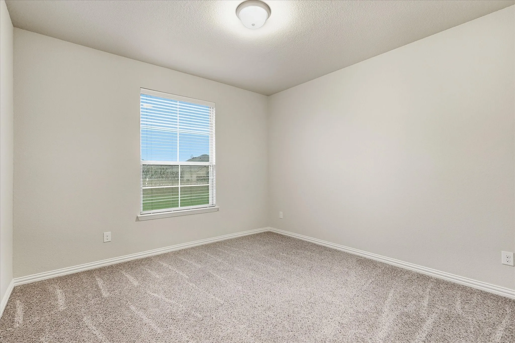 Neutral wall paint, textured carpeting, window with blinds, and ceiling-mounted light fixture