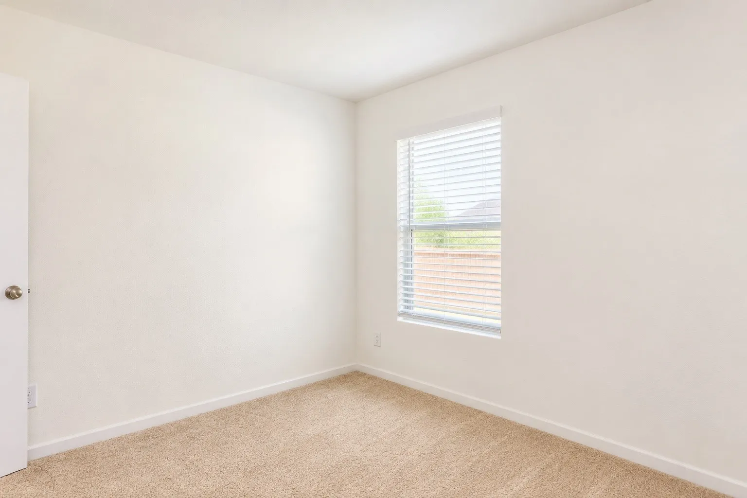 Neutral tone wall finishes, carpeted flooring, window with blinds, and white trim