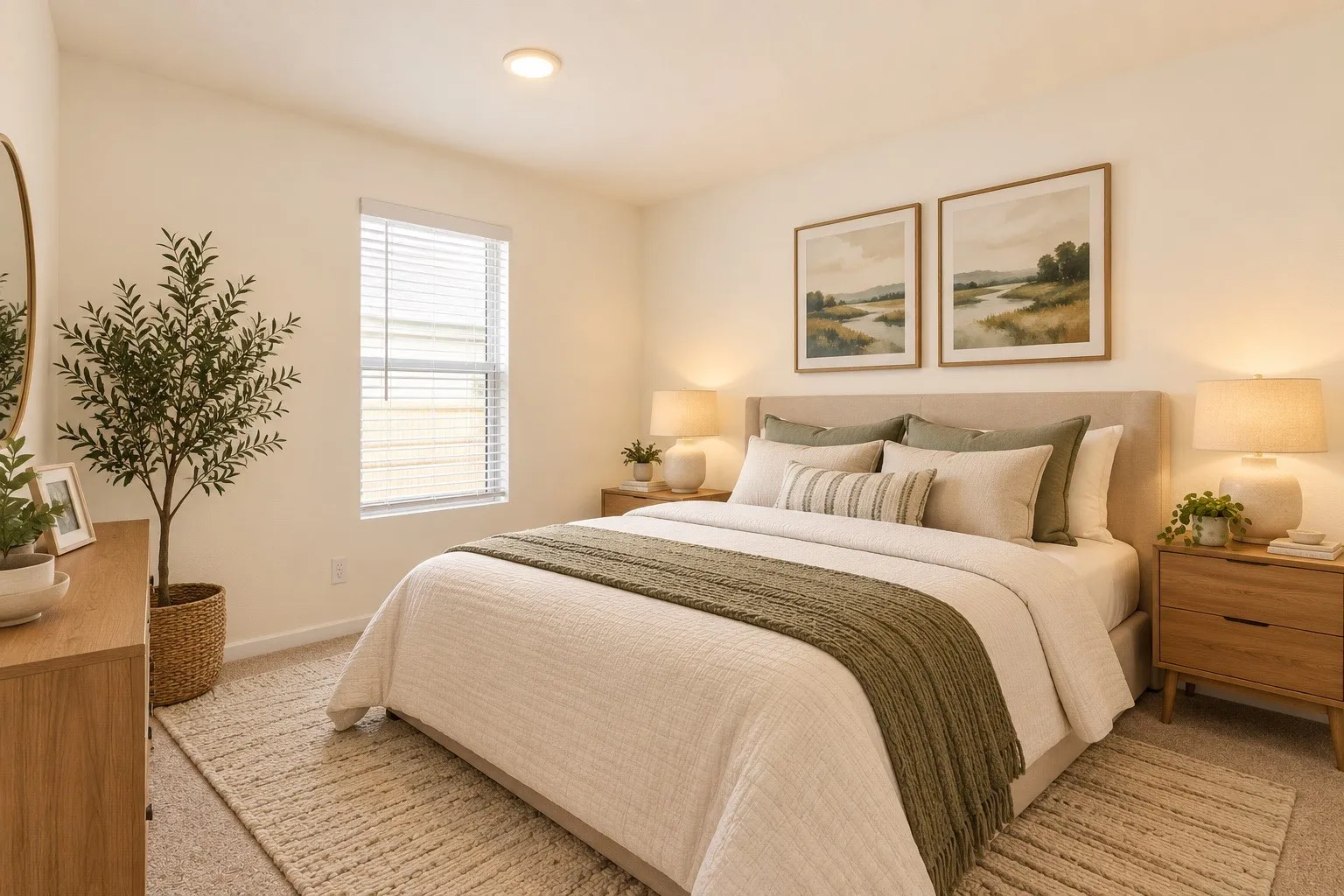 Recessed ceiling light, carpet flooring, window with blinds, upholstered headboard, wall-mounted artwork