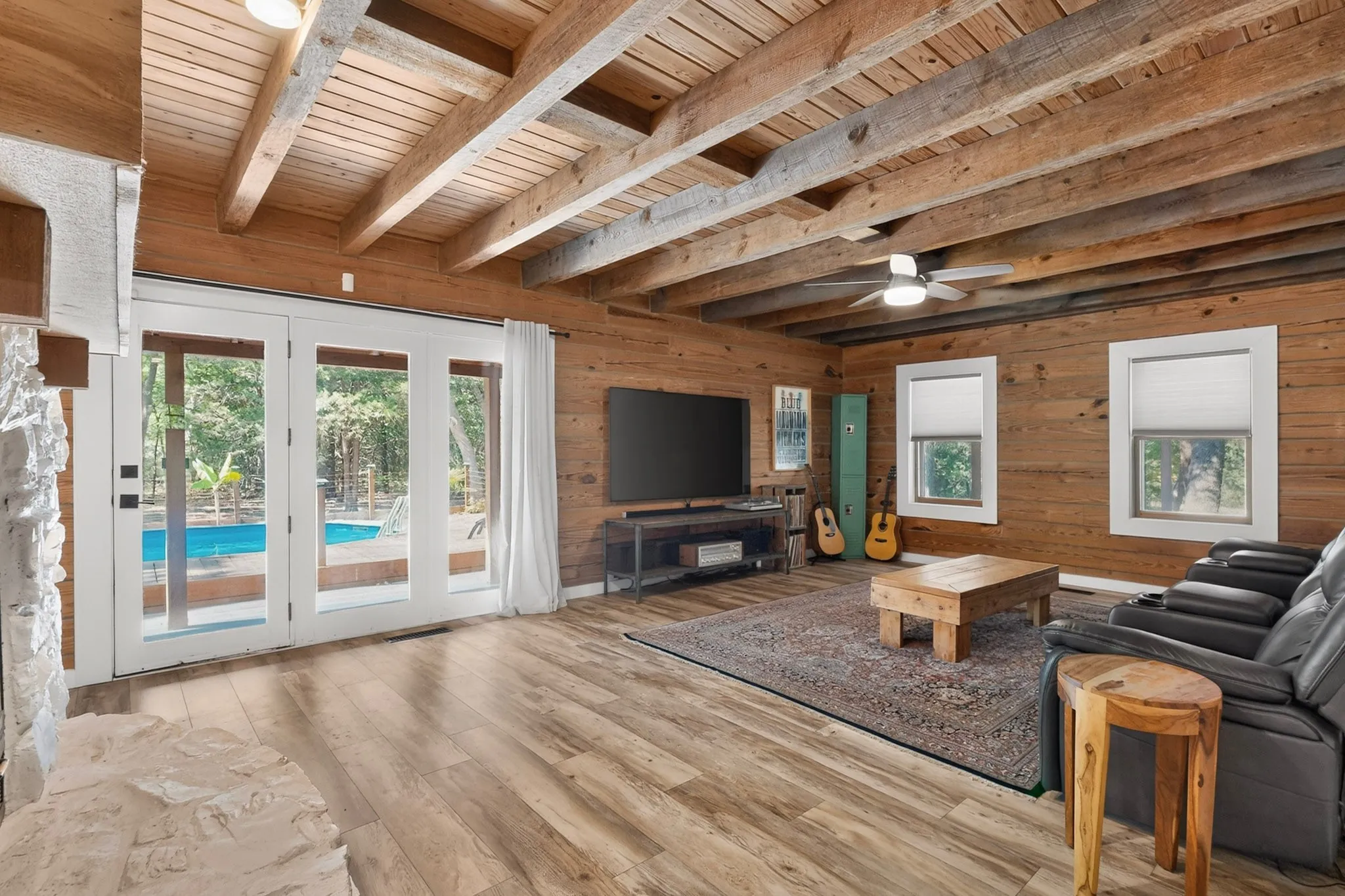 Door and wall of windows to backyard