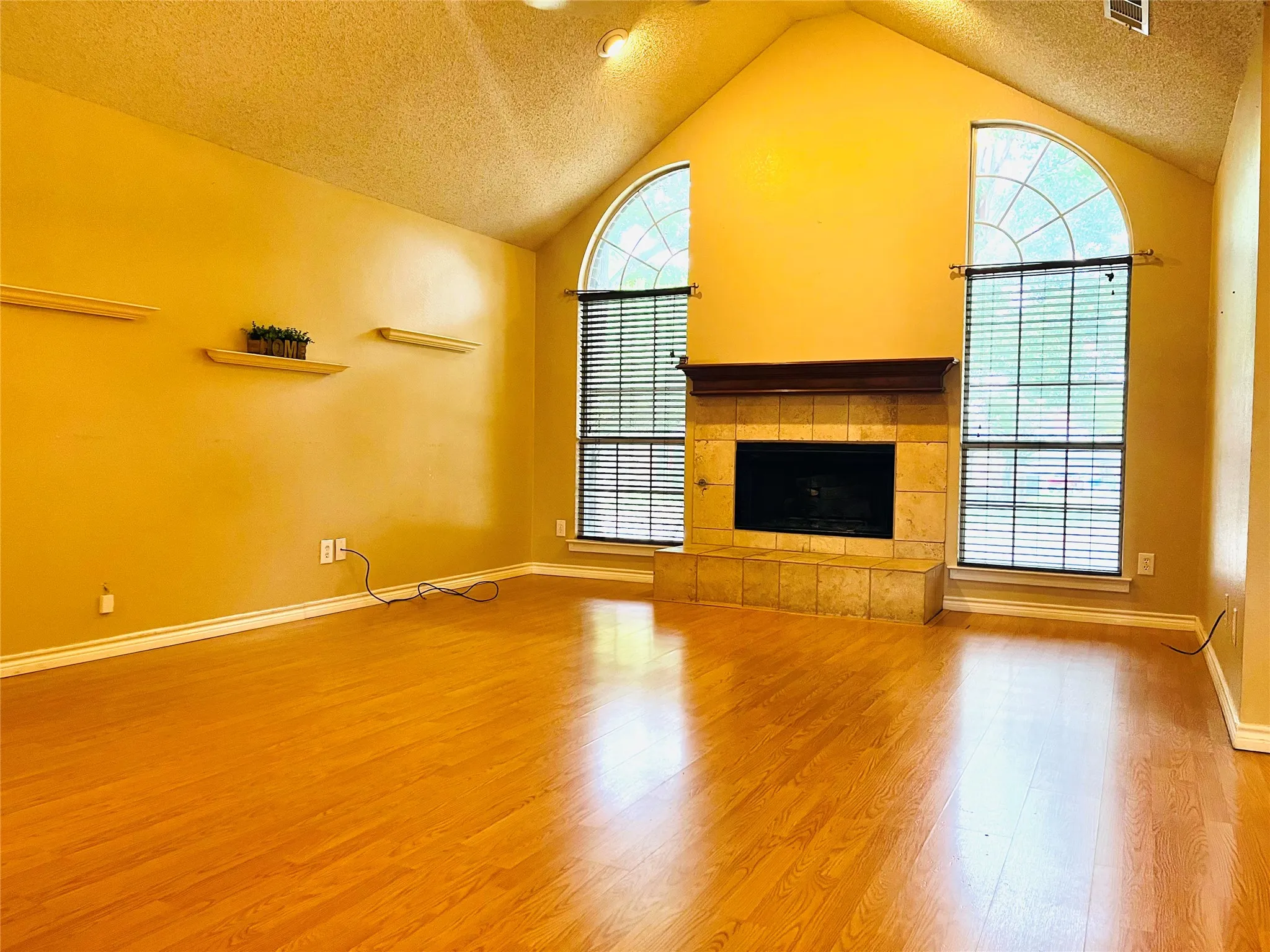 Vaulted ceiling, wood-finish flooring, stone-clad fireplace with wood mantel, and arched transom windows