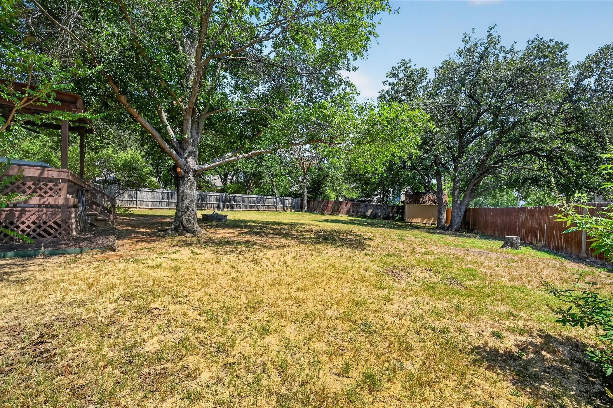 Expansive backyard featuring a large mature tree, wood fencing, and a raised wood deck with lattice skirting