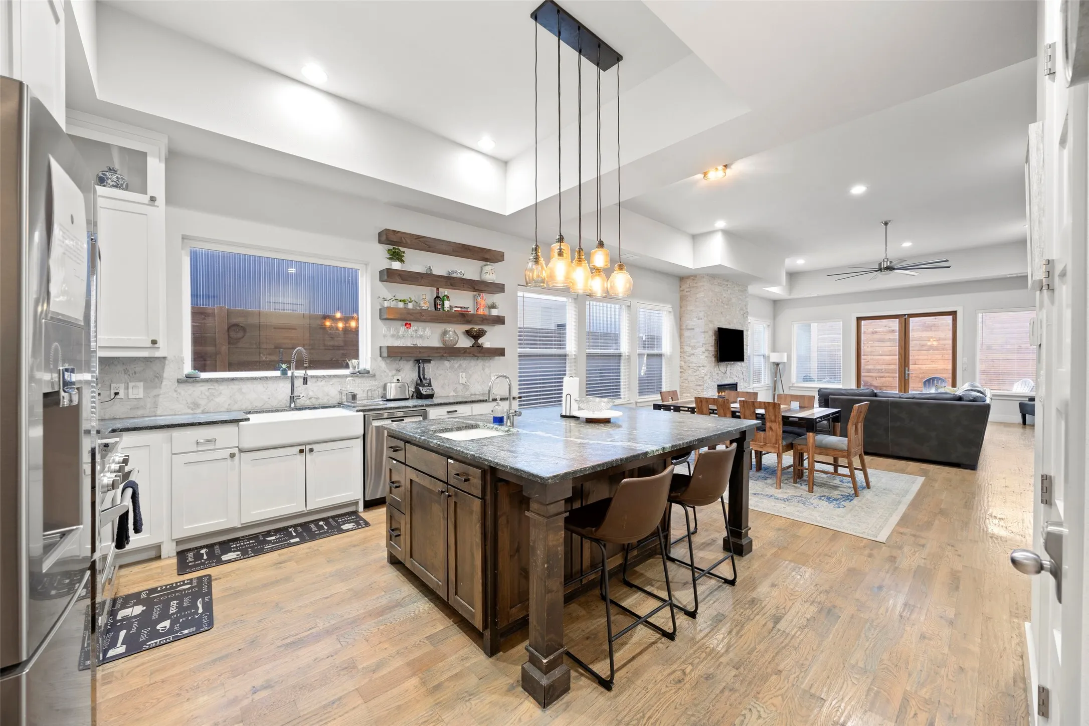 The gorgeous kitchen is open to the dining room and living room