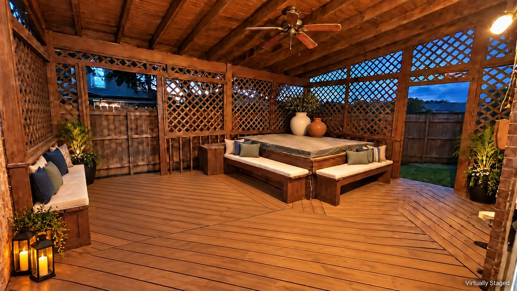 Expansive covered deck featuring wood-finish flooring, built-in benches, an overhead ceiling fan, and latticework detailing