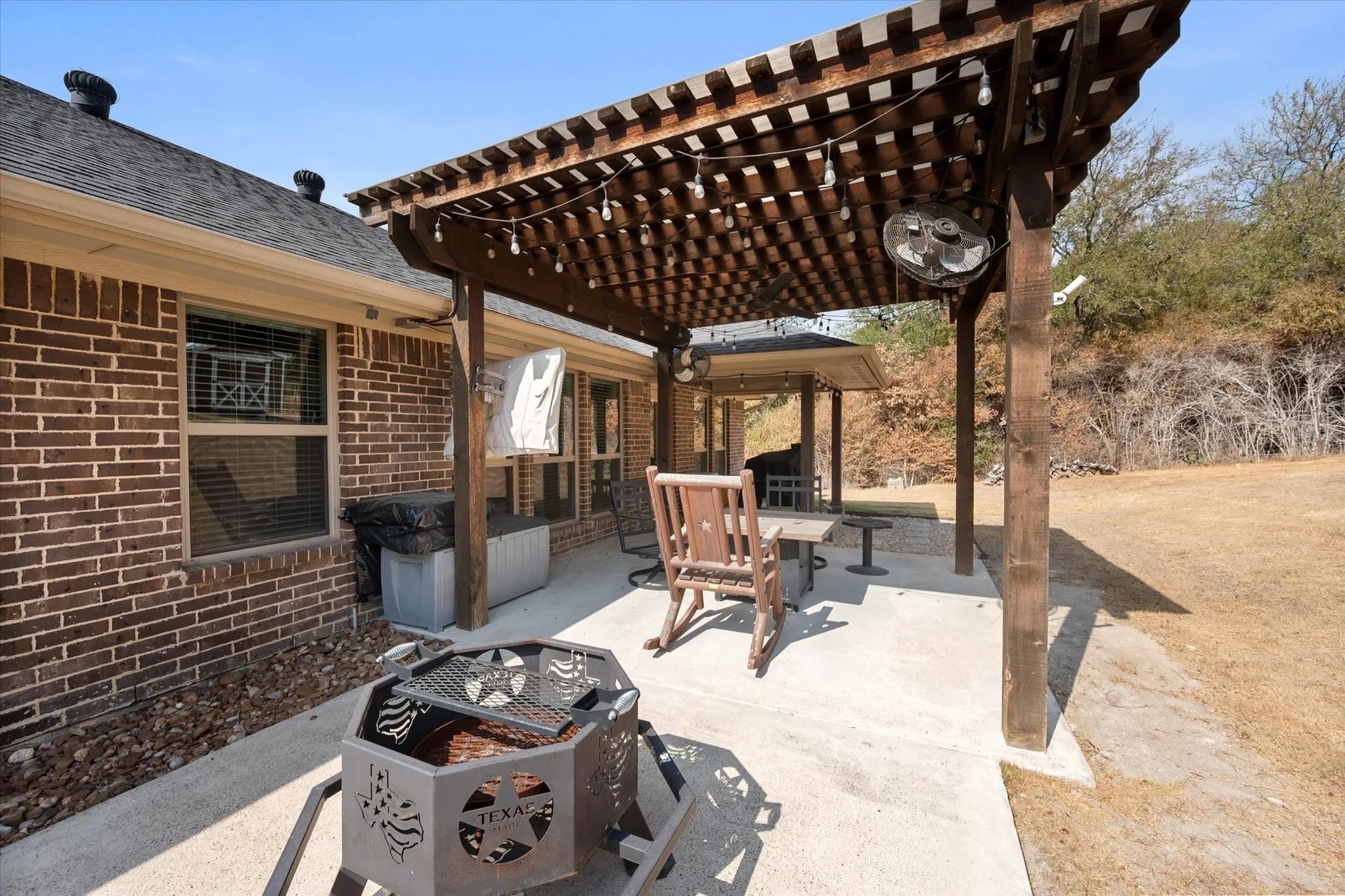 Fire pit and, covered porch and added pergola
