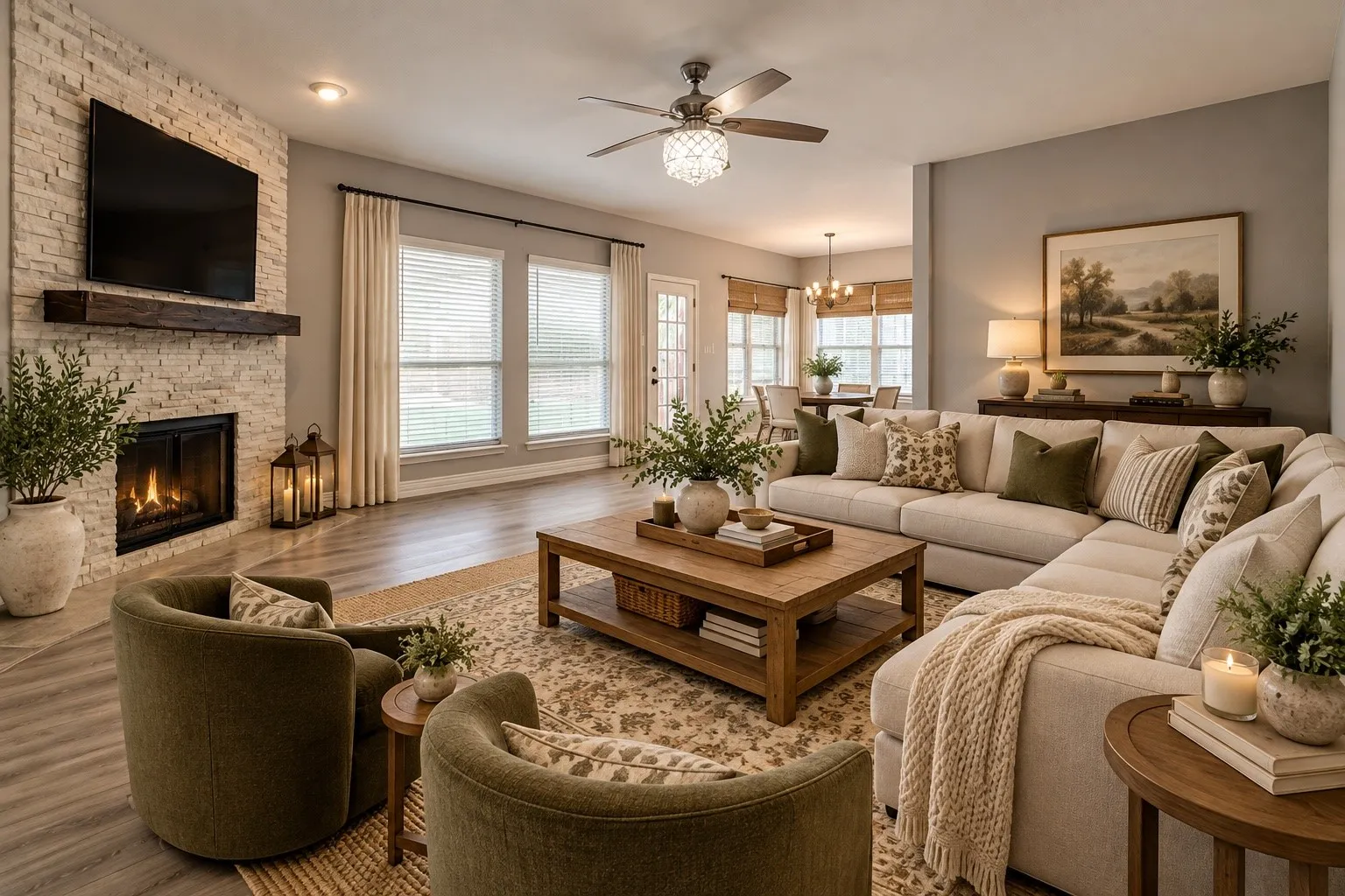 Digitally staged family room & breakfast area