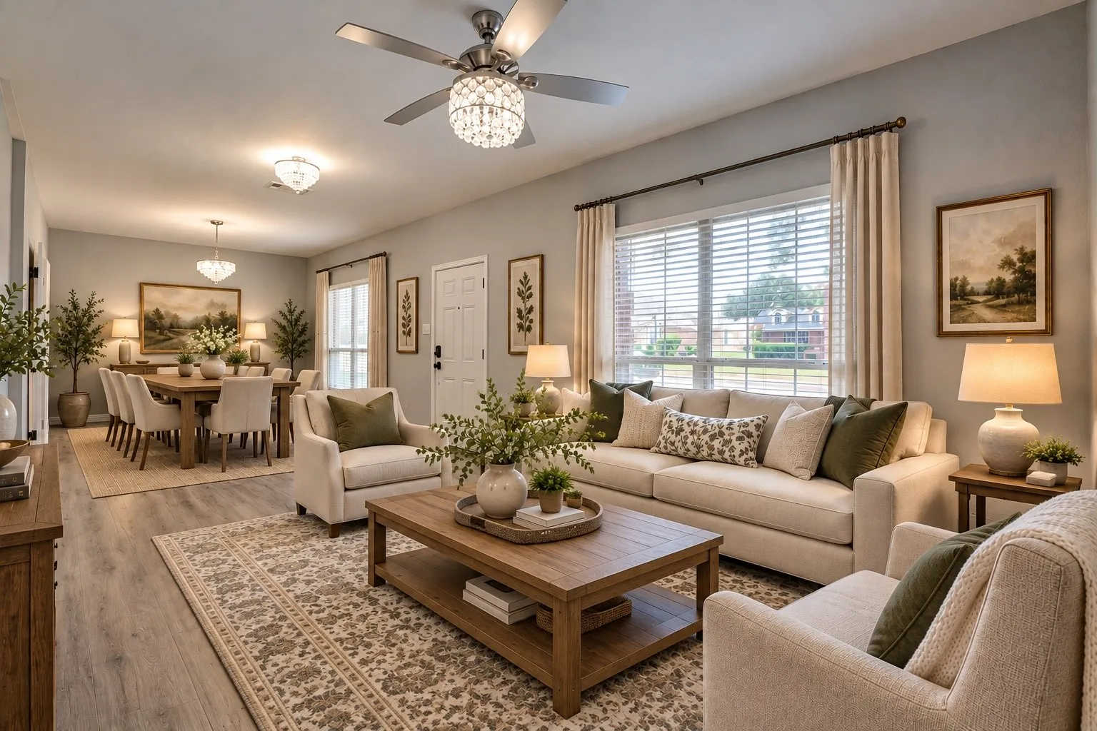 Digitally staged front living & dining areas