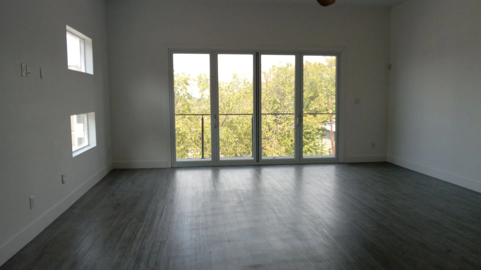 Sliding glass doors with a Juliet balcony, wood-finish flooring, and white walls