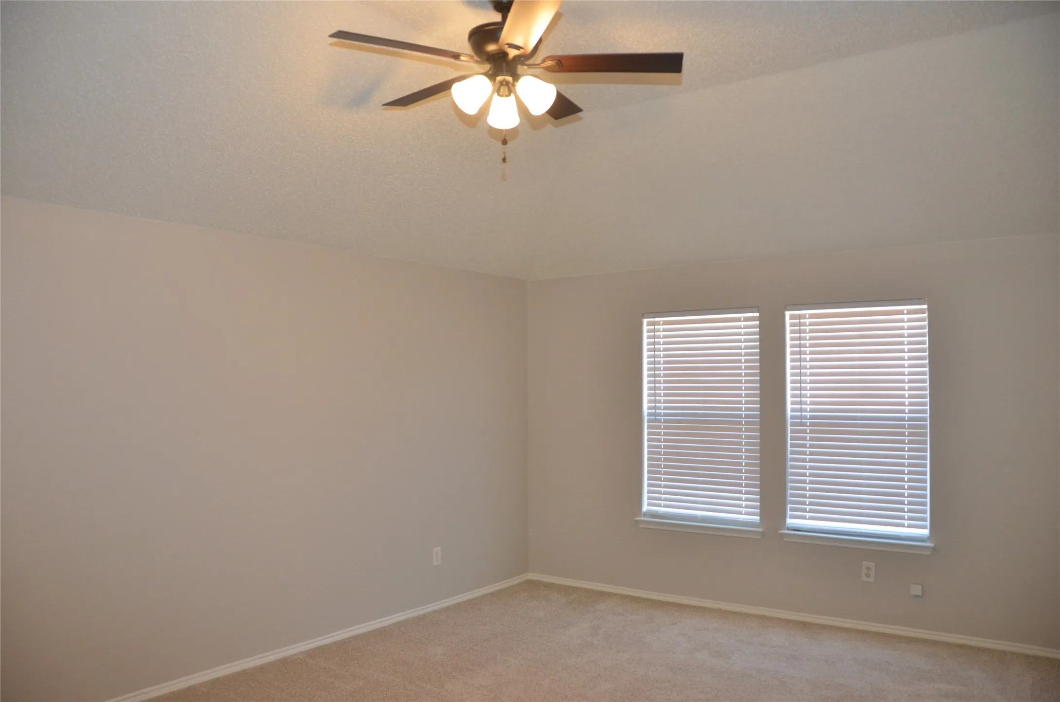 Neutral wall color, dual windows, privacy blinds, ceiling fan with integrated lighting, and carpeted flooring