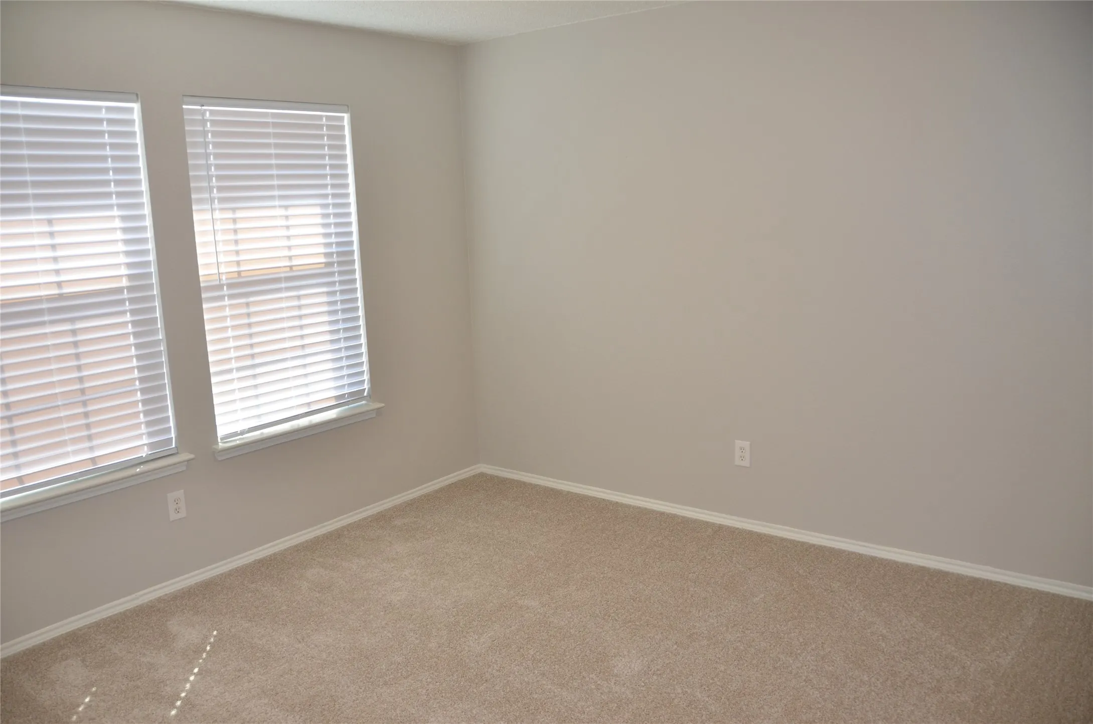 Front bedroom with soft neutral carpeting, two windows with blinds, and light-toned wall finishes
