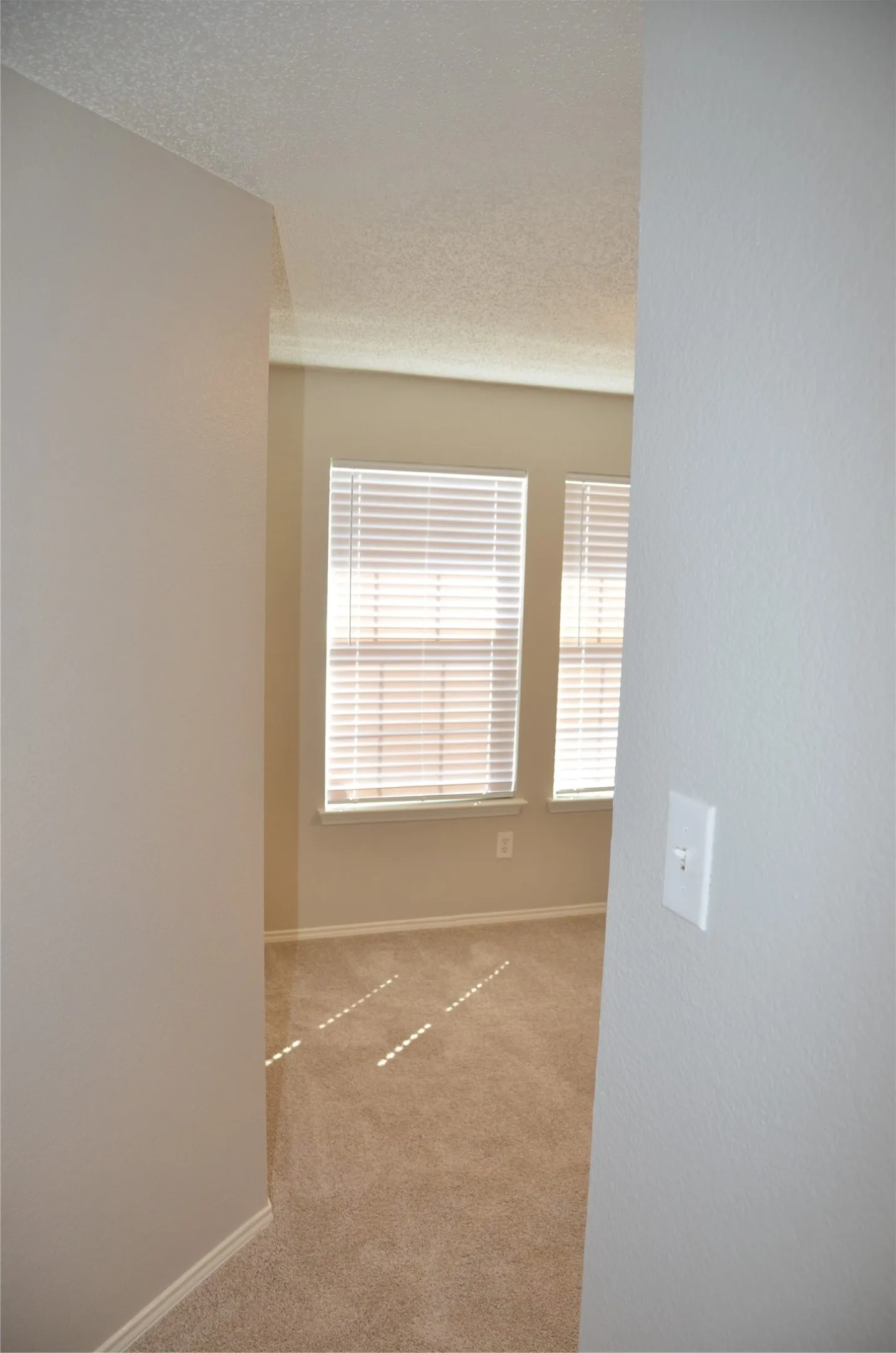 Front bedroom with blinds, neutral wall paint, and plush carpet flooring