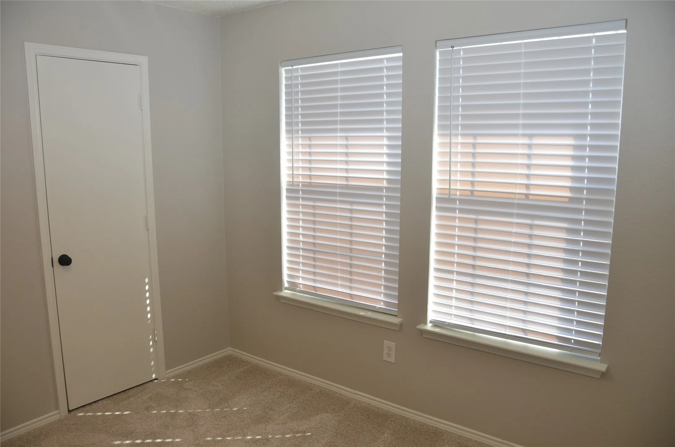 Front bedroom with light-colored walls with white trim, two windows with blinds, a white door, and textured carpeting