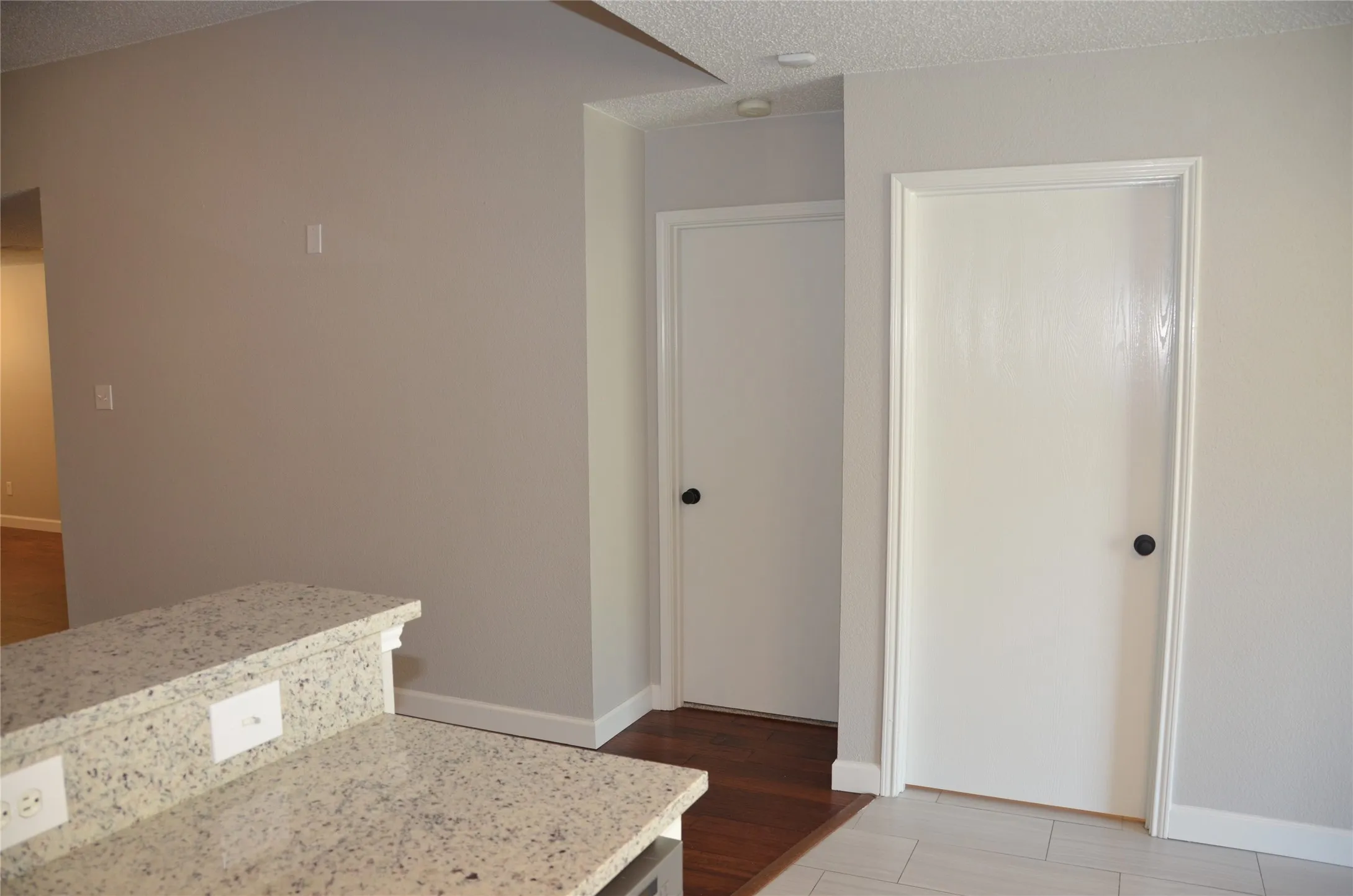 Kitchen looking into primary bedroom and pantry doors