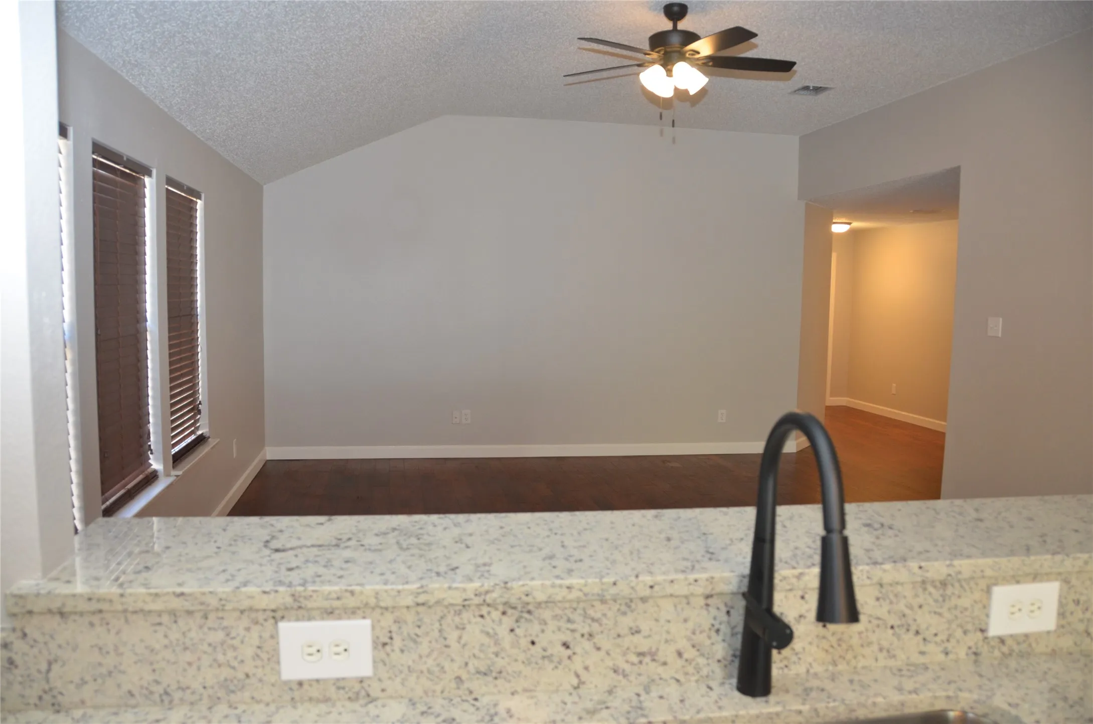 Kitchen looking into large living room.