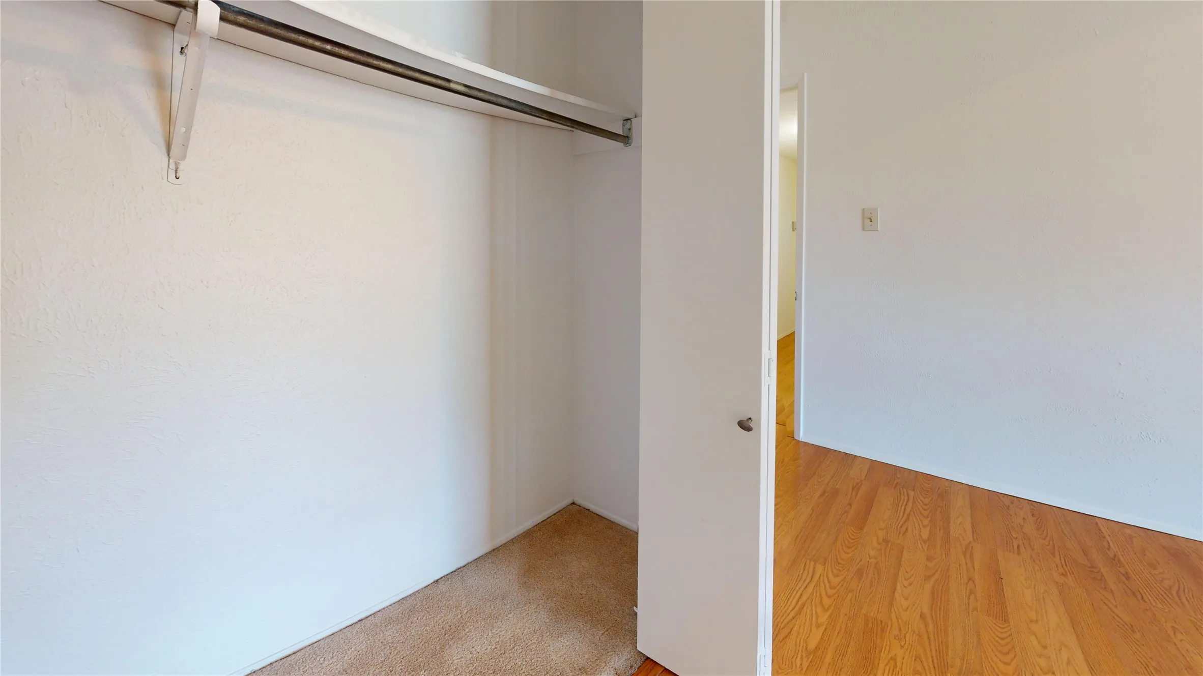 Built-in closet with hanging rod and shelf, carpeted floor, wood-finish flooring, white walls, white trim