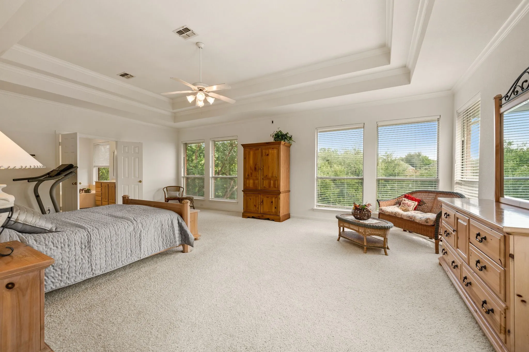 Spacious room featuring a tiered tray ceiling, ceiling fan, multiple large windows, and light-colored carpeting