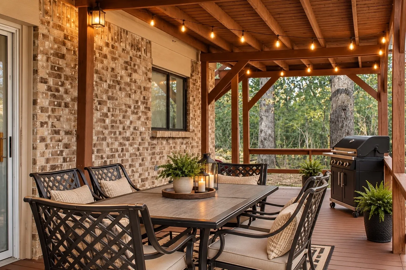 Expansive covered deck featuring a wood-beam ceiling, string lighting, and direct access to the interior via a sliding glass door
