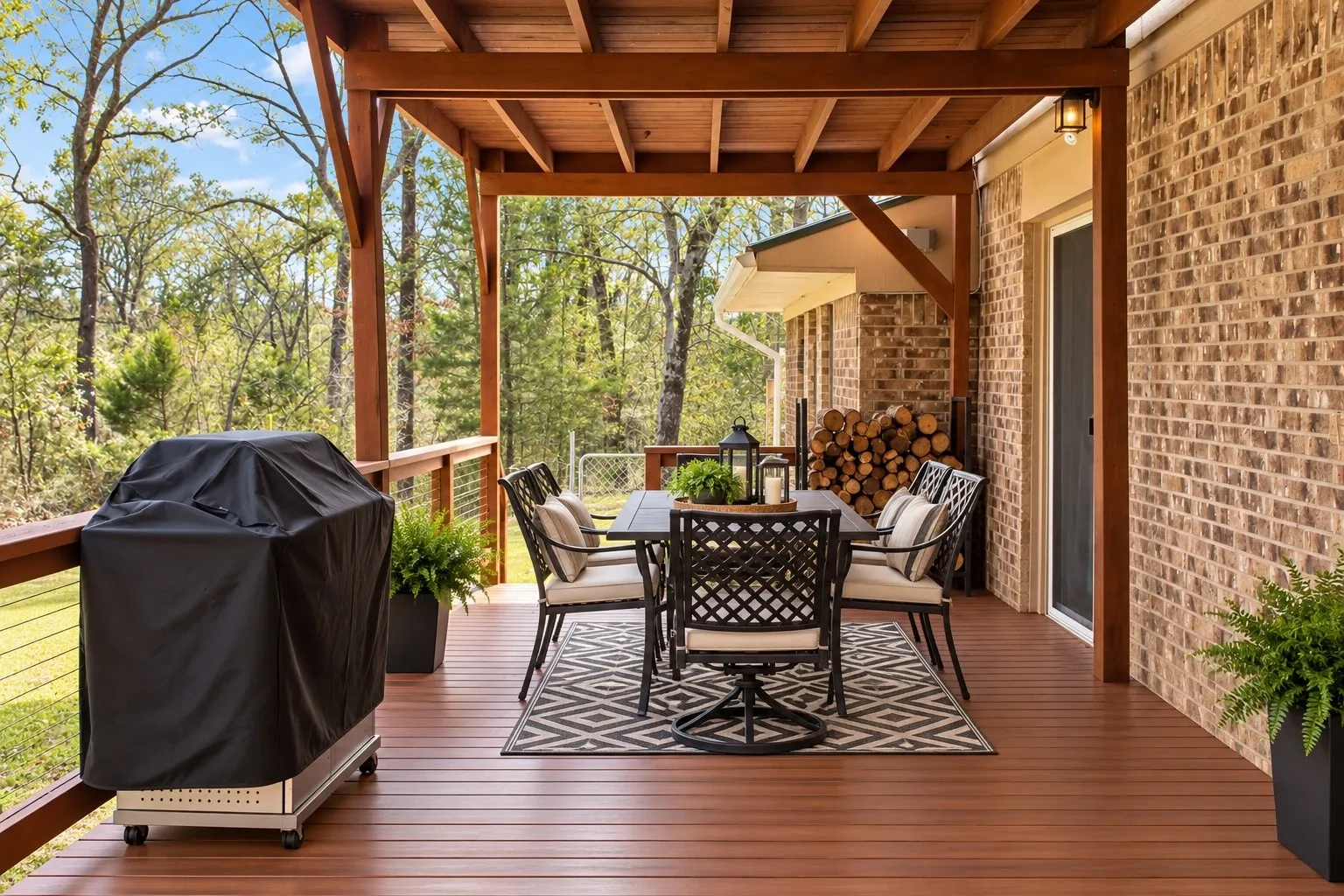 Expansive covered deck with rich wood-finish flooring, exposed beam ceiling, and durable brick exterior