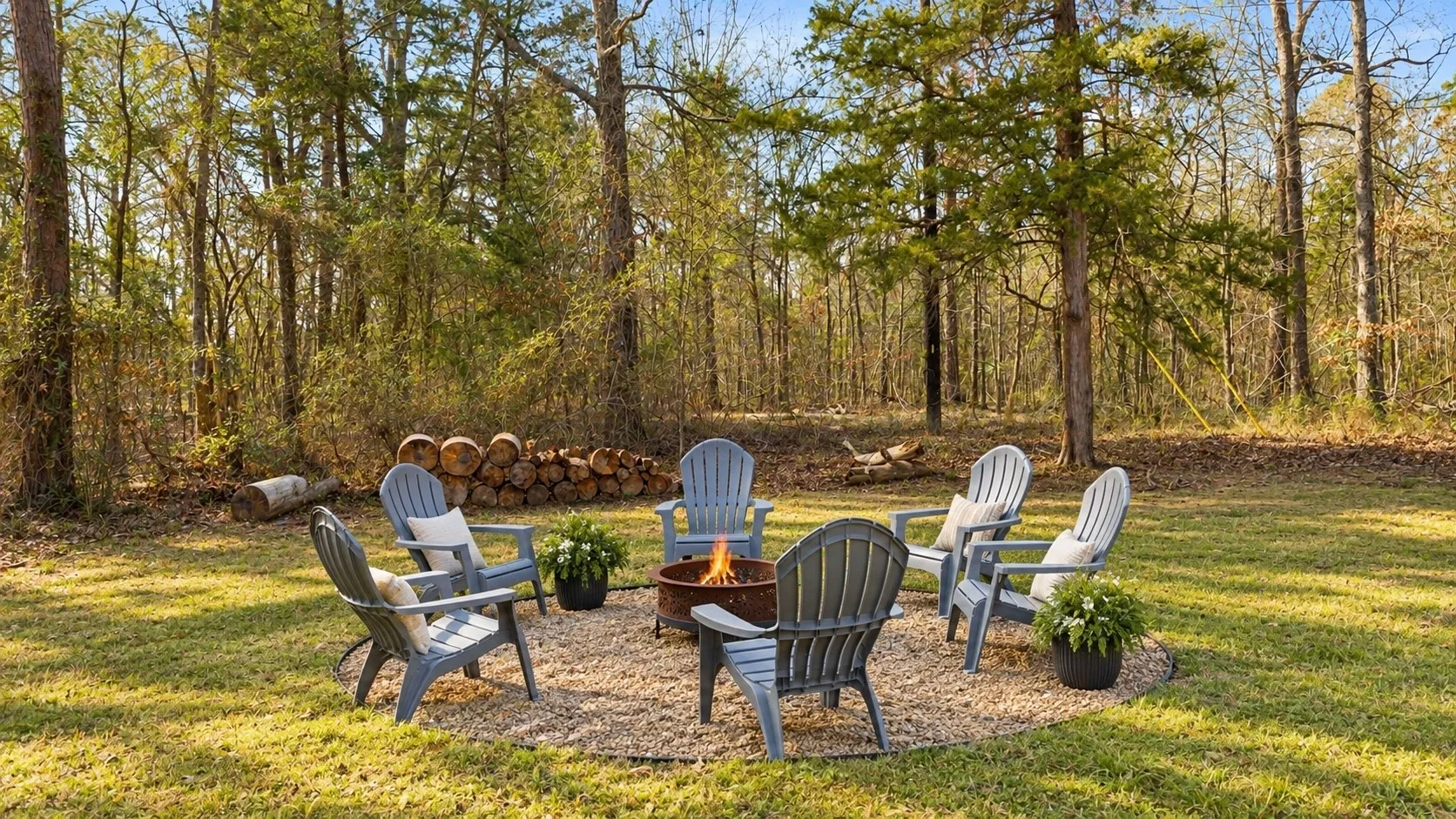 Outdoor fire pit area with gravel hardscaping, surrounded by a grassy lawn and mature trees