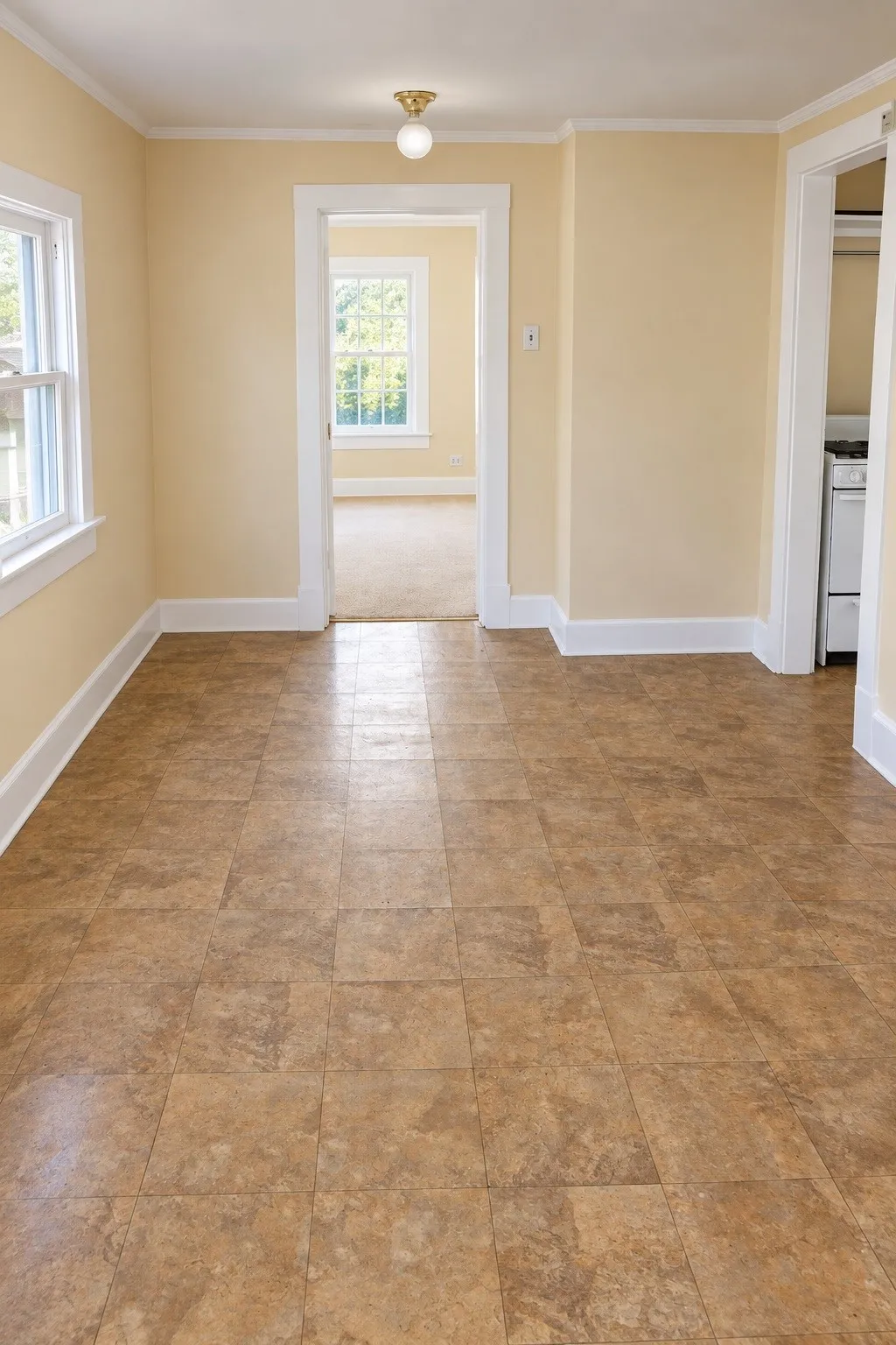Interior room transition in rear duplex living space.
