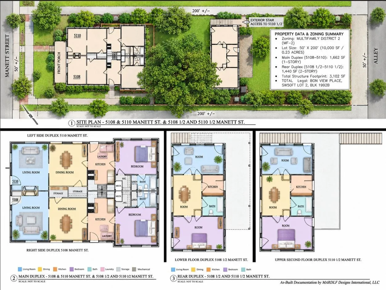Architectural site plan and floor layout showing MF-2(A) configuration.