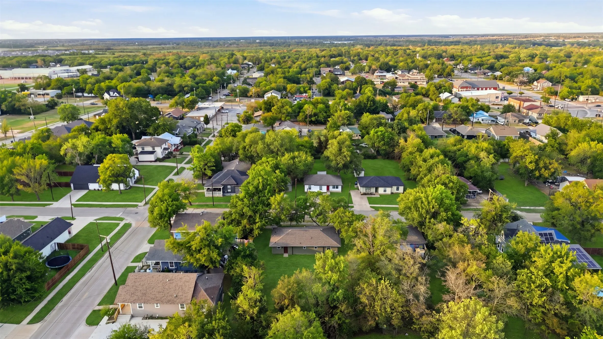 Aerial perspective of a residential neighborhood with mature trees and established homes