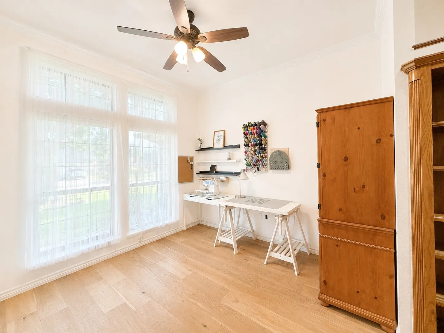 Light wood-finish flooring, crown molding, a ceiling fan, and large windows with grid patterns