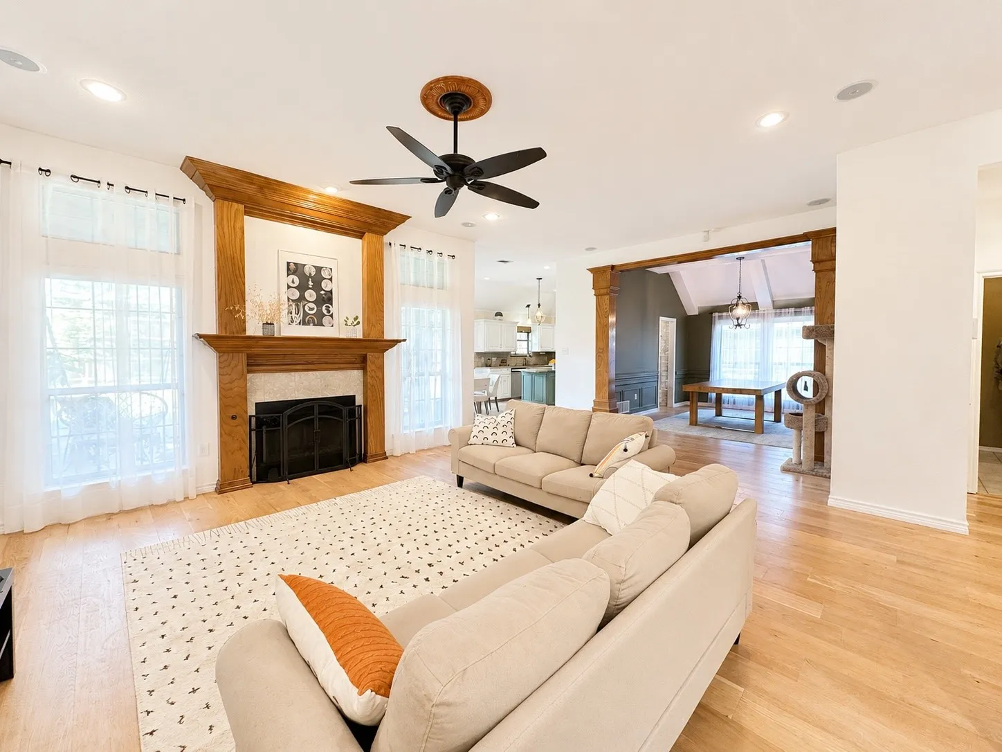 Hardwood-finish flooring throughout the main living space
