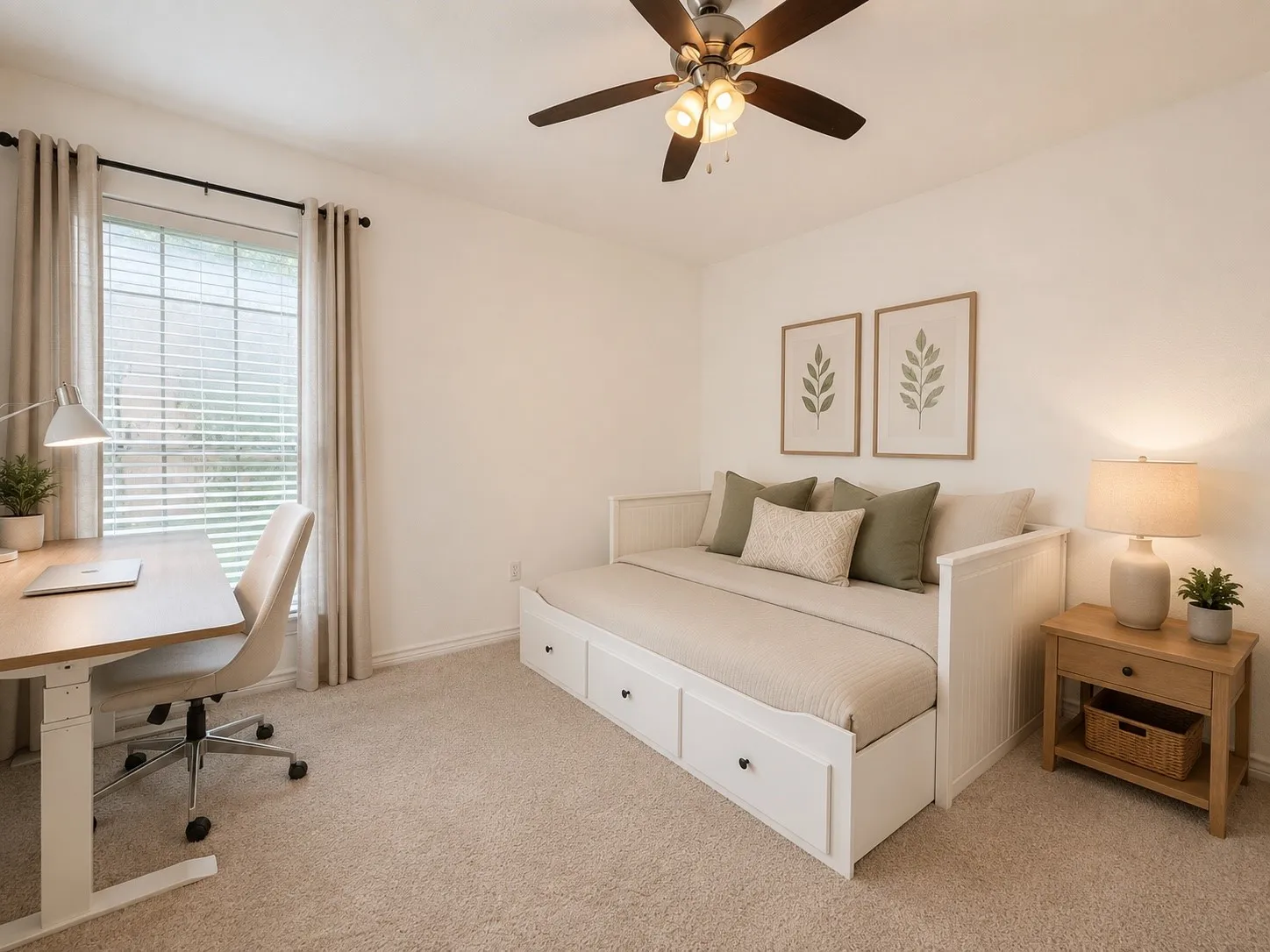 Bright room featuring a window with blinds, a ceiling fan with integrated lighting, and neutral carpeting