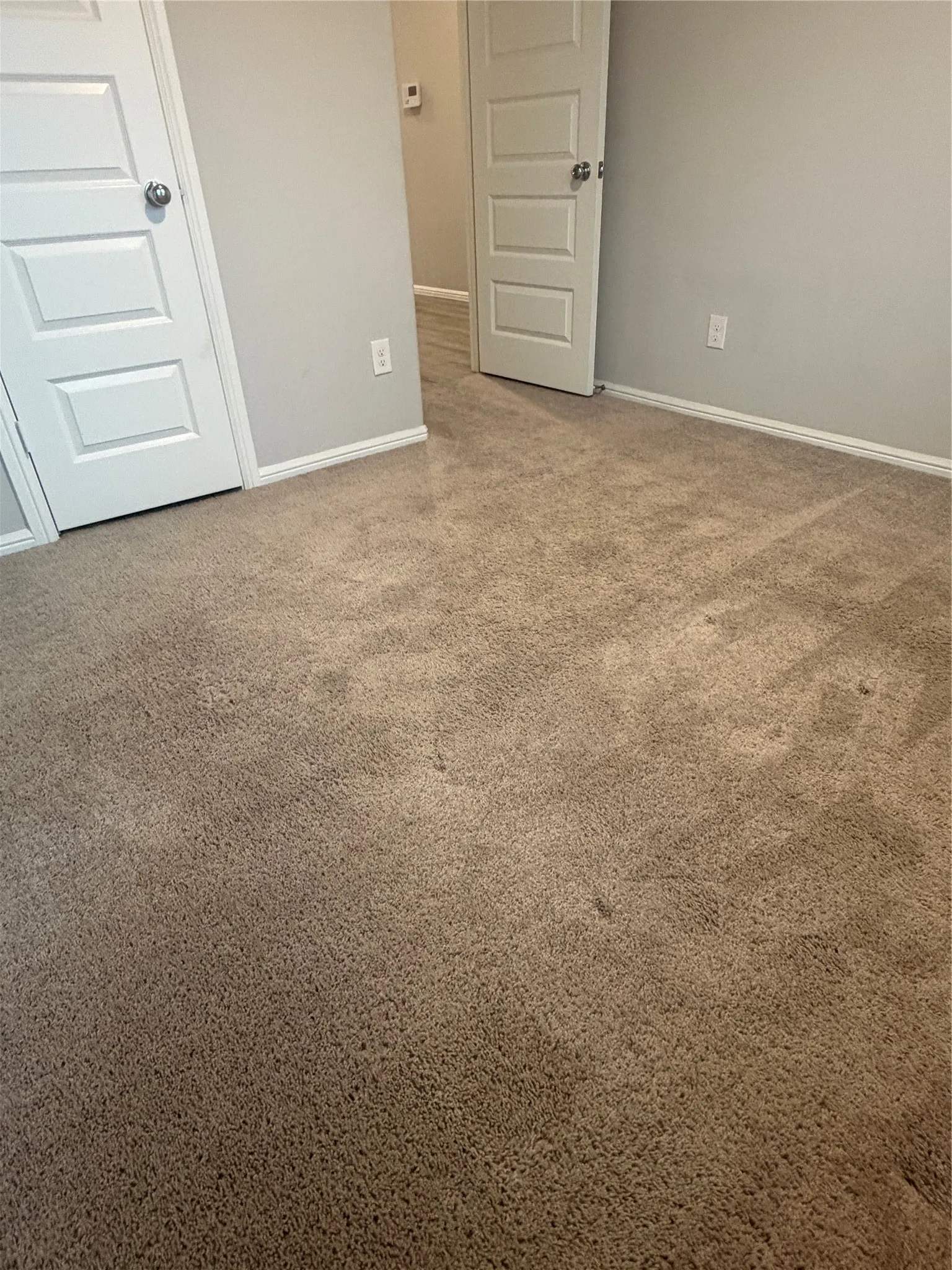 Light gray wall paint, white trim, and tan carpeting