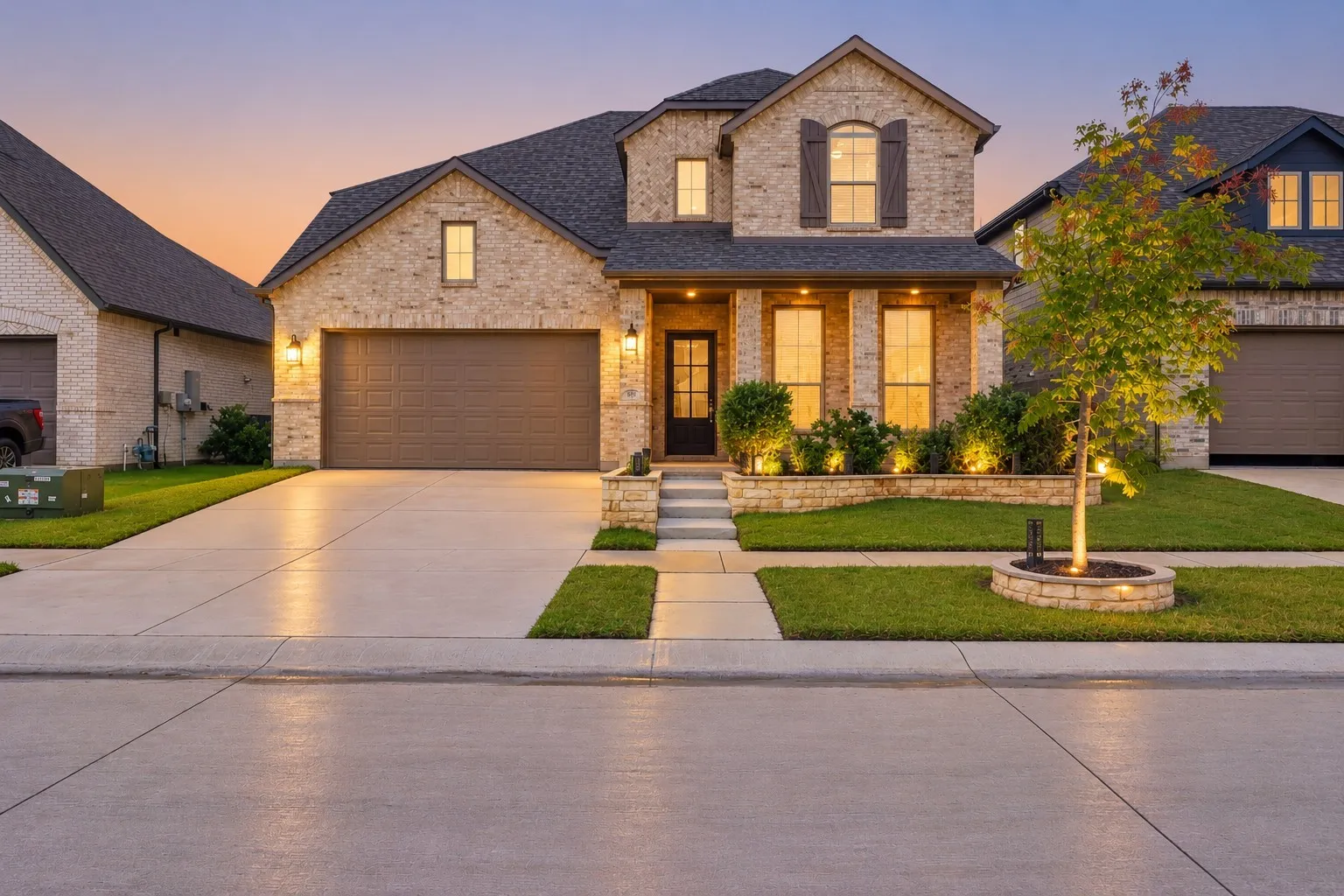Brick facade with stone accents, covered entry, attached two-car garage, concrete driveway, and front landscaping with a tree