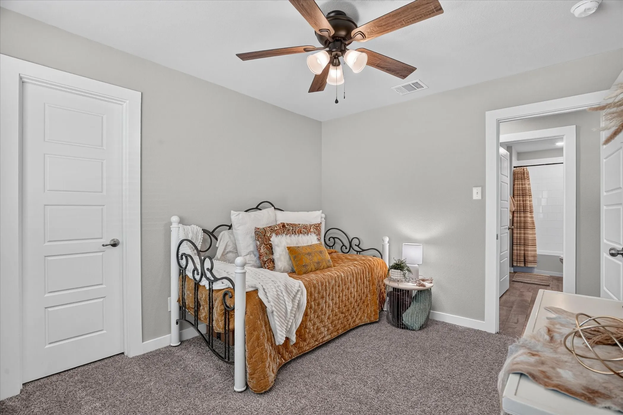 Gray wall paint and carpeted flooring, closet to the left of picture.