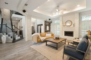 White-painted brick fireplace with a built-in firebox