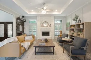 Tray ceiling with recessed lighting and a ceiling fan