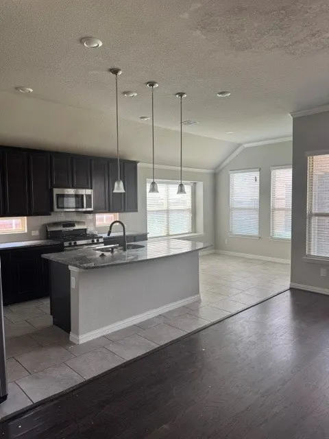 Kitchen featuring dark wood cabinetry, a center island with a dark countertop and undermount sink, stainless steel appliances, and recessed lighting