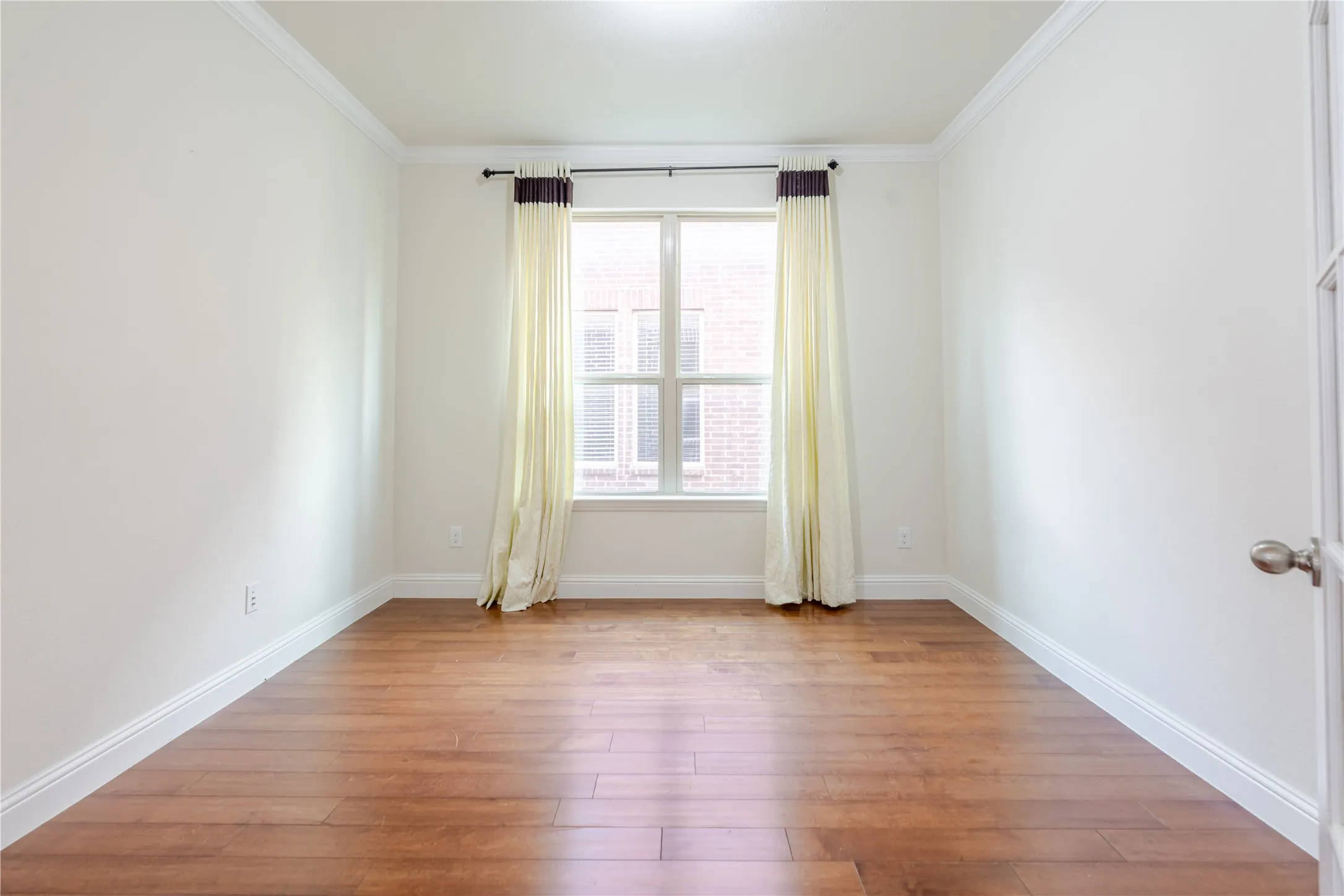 Bright room featuring wood-finish flooring, white baseboards, crown molding, and a window with natural light