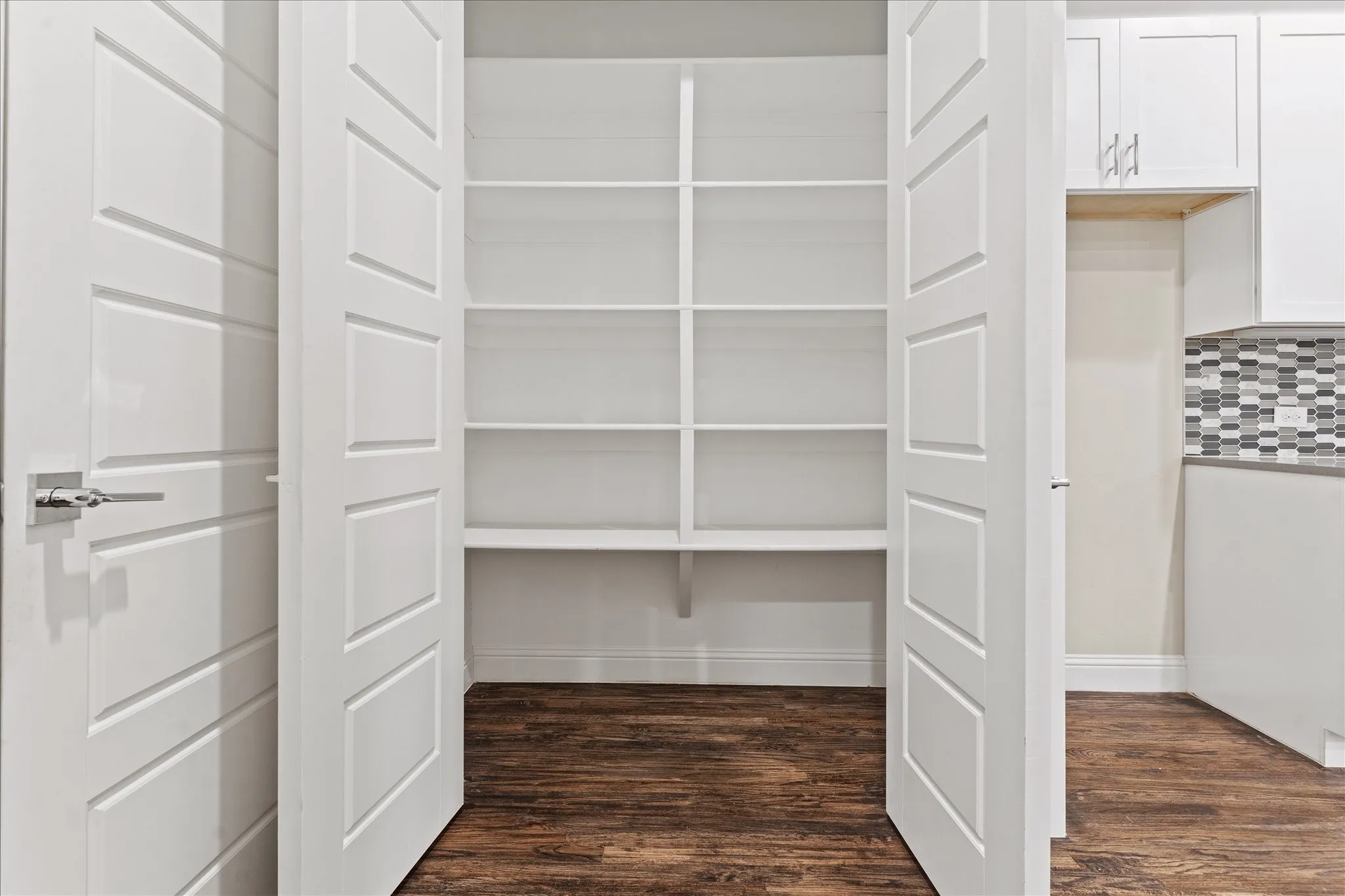 Pantry with multiple shelves, wood-finish flooring, and white paneled doors