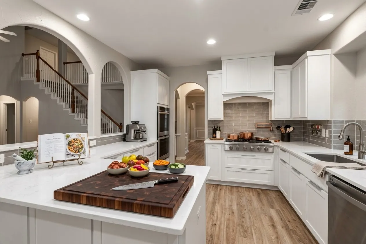 Gourmet kitchen featuring white cabinetry, light wood-finish flooring, stainless steel appliances, and a tile backsplash