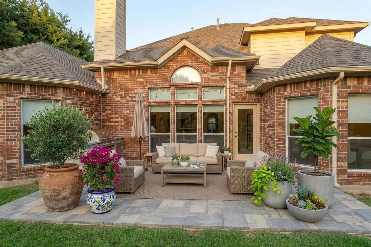 Brick exterior with a multi-gabled roofline and light-colored gutters