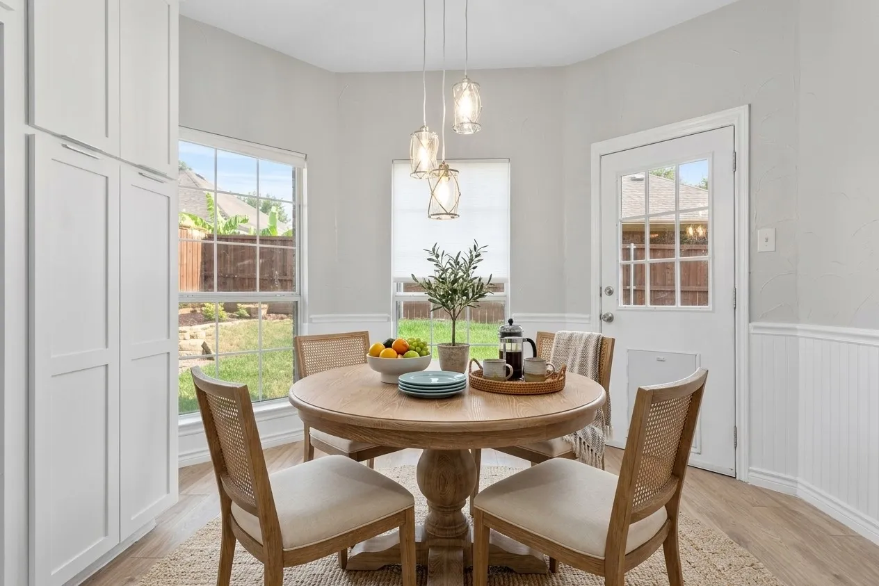 White shaker-style cabinetry, wood-finish flooring, bay window with natural light, glass-panel exterior door, and pendant light fixtures