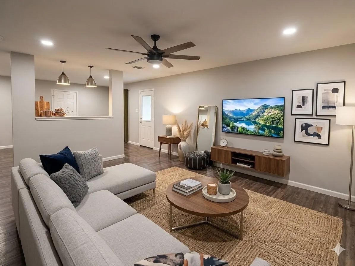 Recessed lighting, wood-finish flooring, half-wall architectural detail, ceiling fan with light, and wall-mounted media console