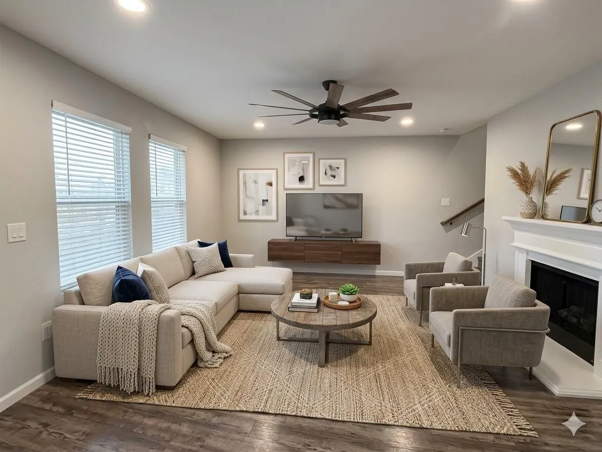 Recessed lighting illuminates wood-finish flooring