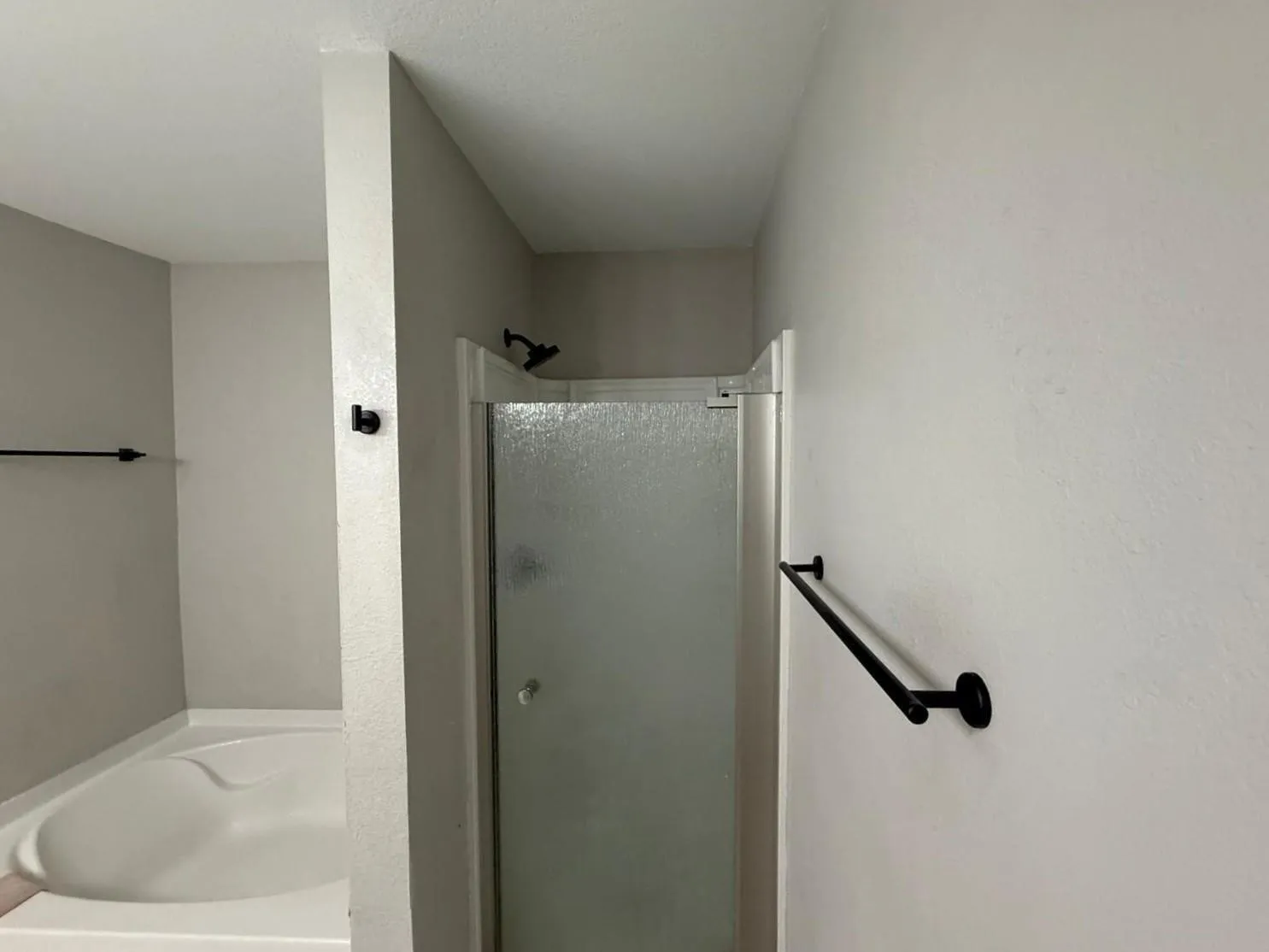 Built-in soaking tub, separate shower with frosted glass enclosure, and matte black fixtures