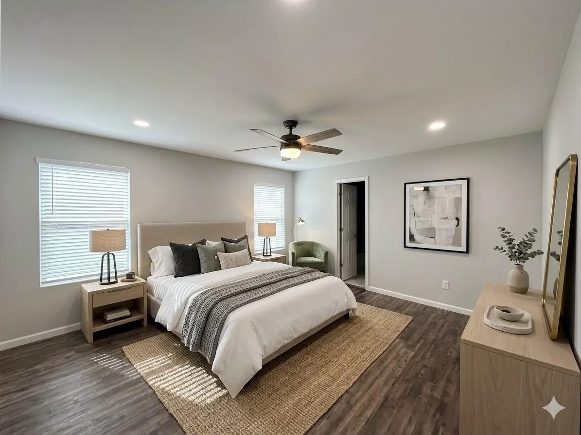 Recessed lighting, ceiling fan with integrated light, two windows with blinds, wood-finish flooring, and a solid core door