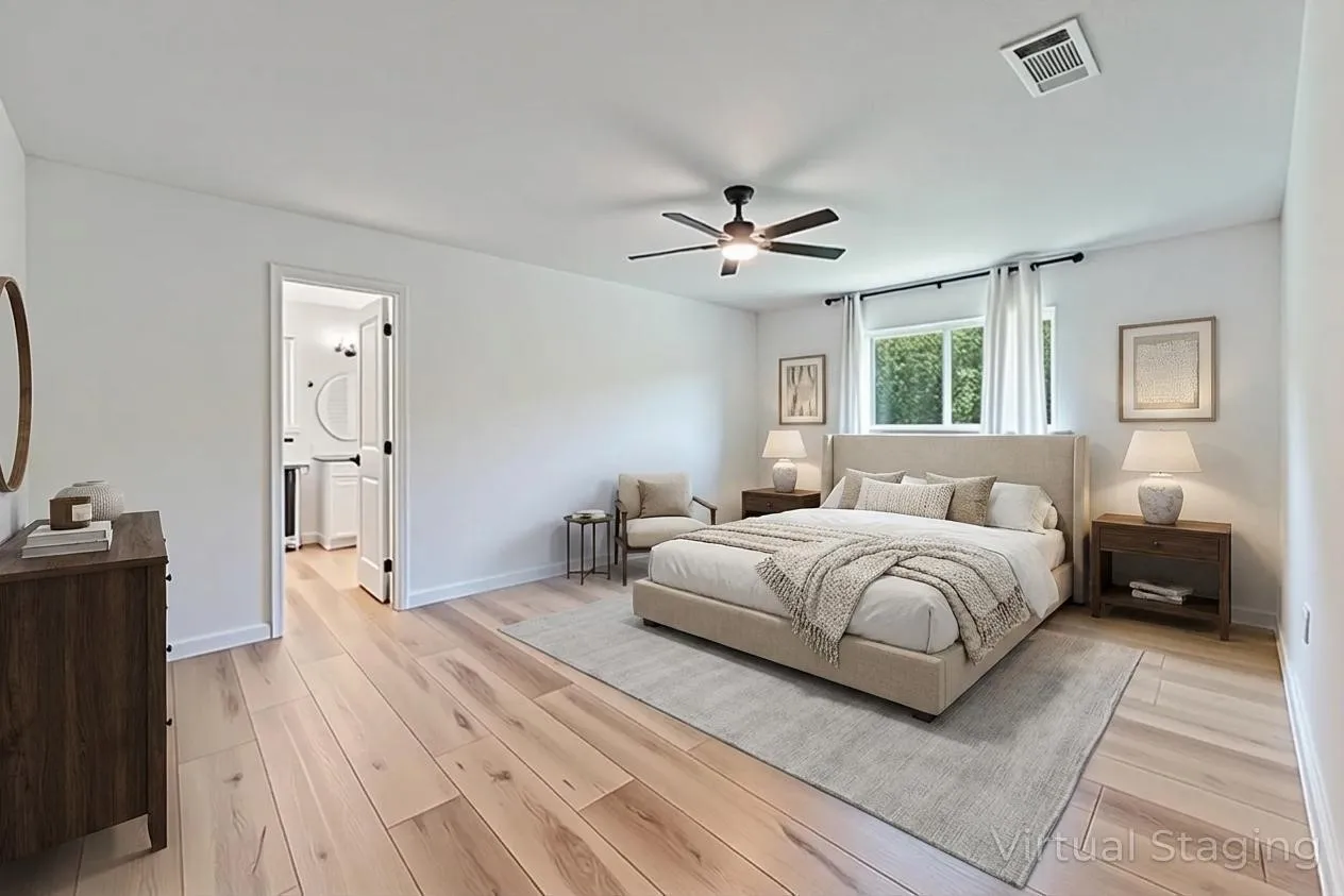 Light wood-finish flooring, white walls, and a ceiling fan with integrated lighting