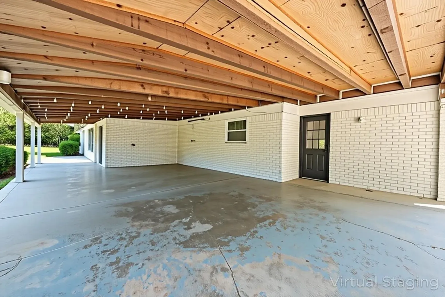 Covered patio featuring exposed wood beams, string lighting, and a concrete floor